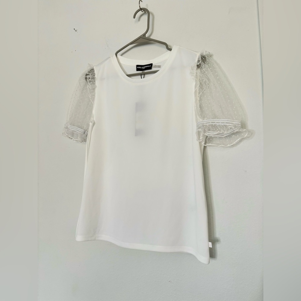 Karl Lagerfeld Paris NWT* white sheer short sleeve blouse Sz Small